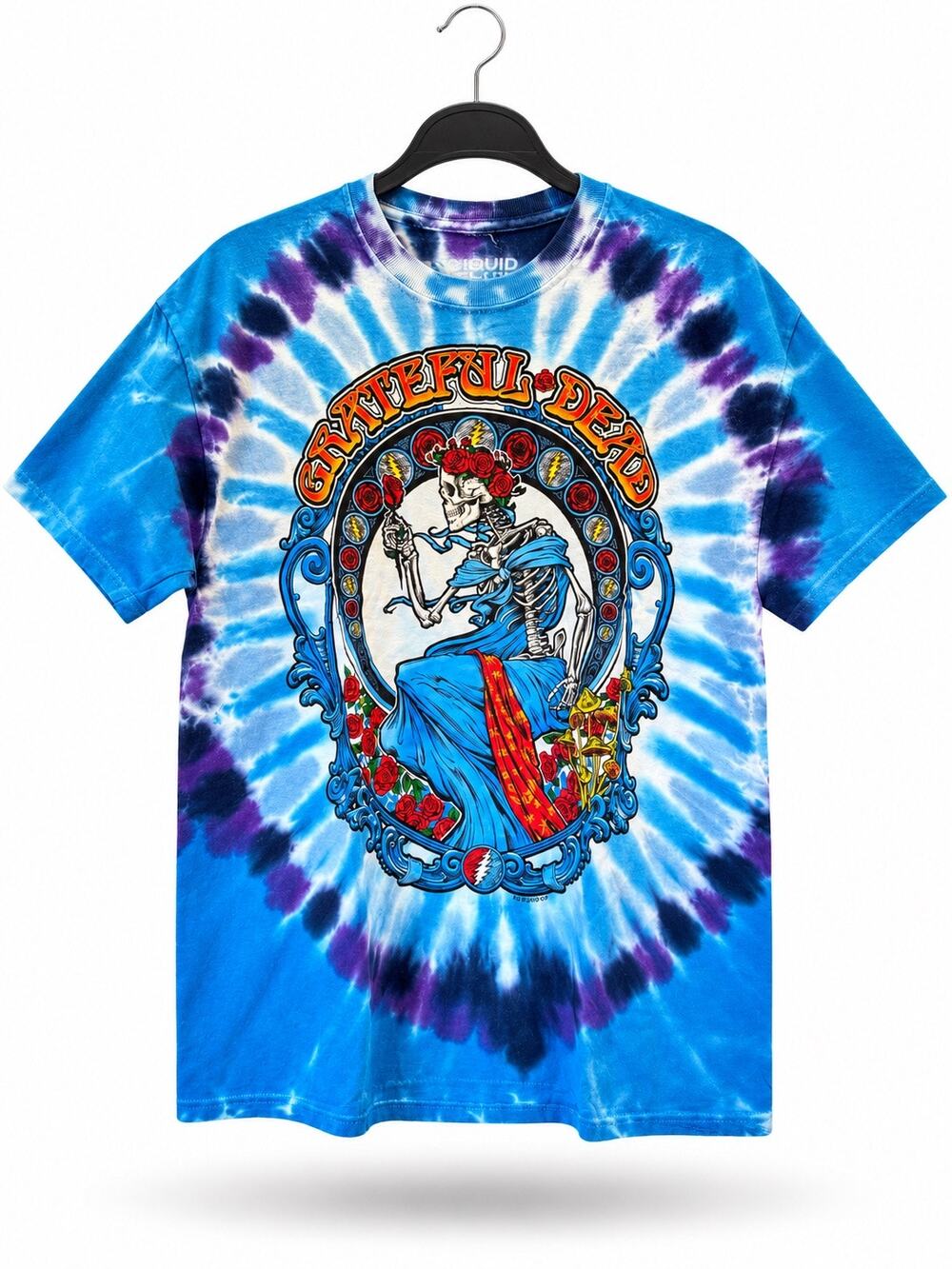 Grateful Dead Vintage Bertha Tie Dye T-Shirt Liquid Blue Size L Skeleton Roses